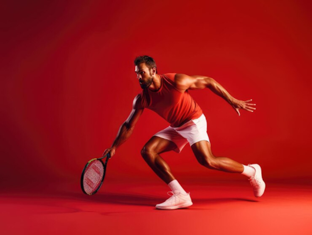 Strong athlete male in red shirt playing tennis on red background