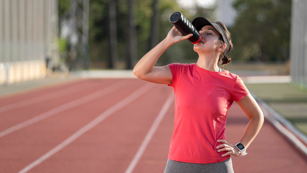 Woman hydrating herself after running